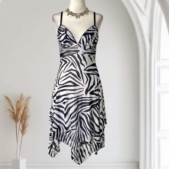 Y2K Grunge Layered Euro chic Black White Micro Mesh Zebra Print Midi Dress S - Picture 1 of 8